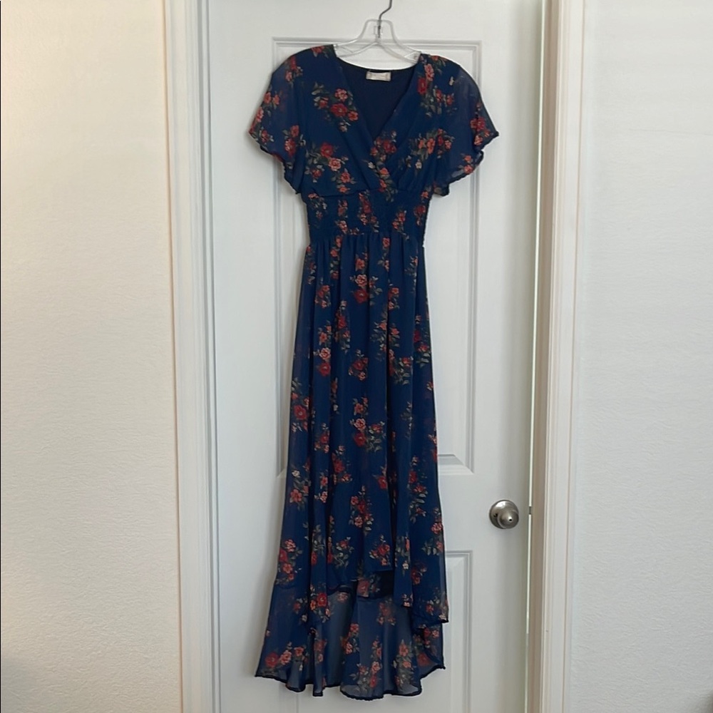 Altar'd State Blue Pink Flutter Sleeve High Low Dress